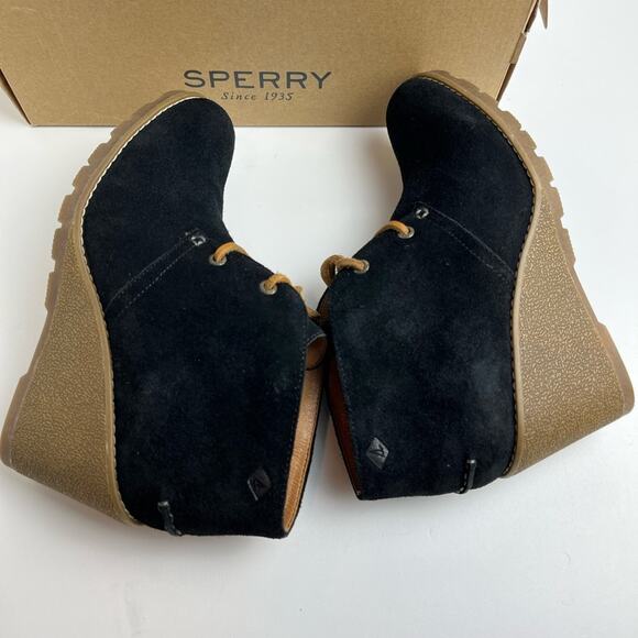 Sperry Topsider Stella Prow Leather Black Wedge Ankle Boots - Picture 5 of 10